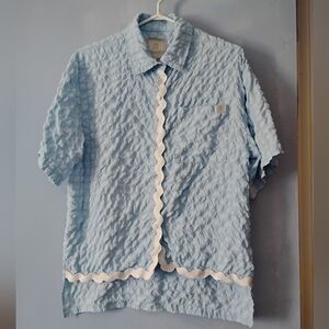 Simply Southern Light Blue Seersucker Rick Rack Trimmed Blouse S